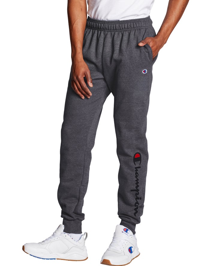 Champion Mens Joggers NZ - Powerblend Fleece Script Logo Dark Grey ( 4758-YERFM )